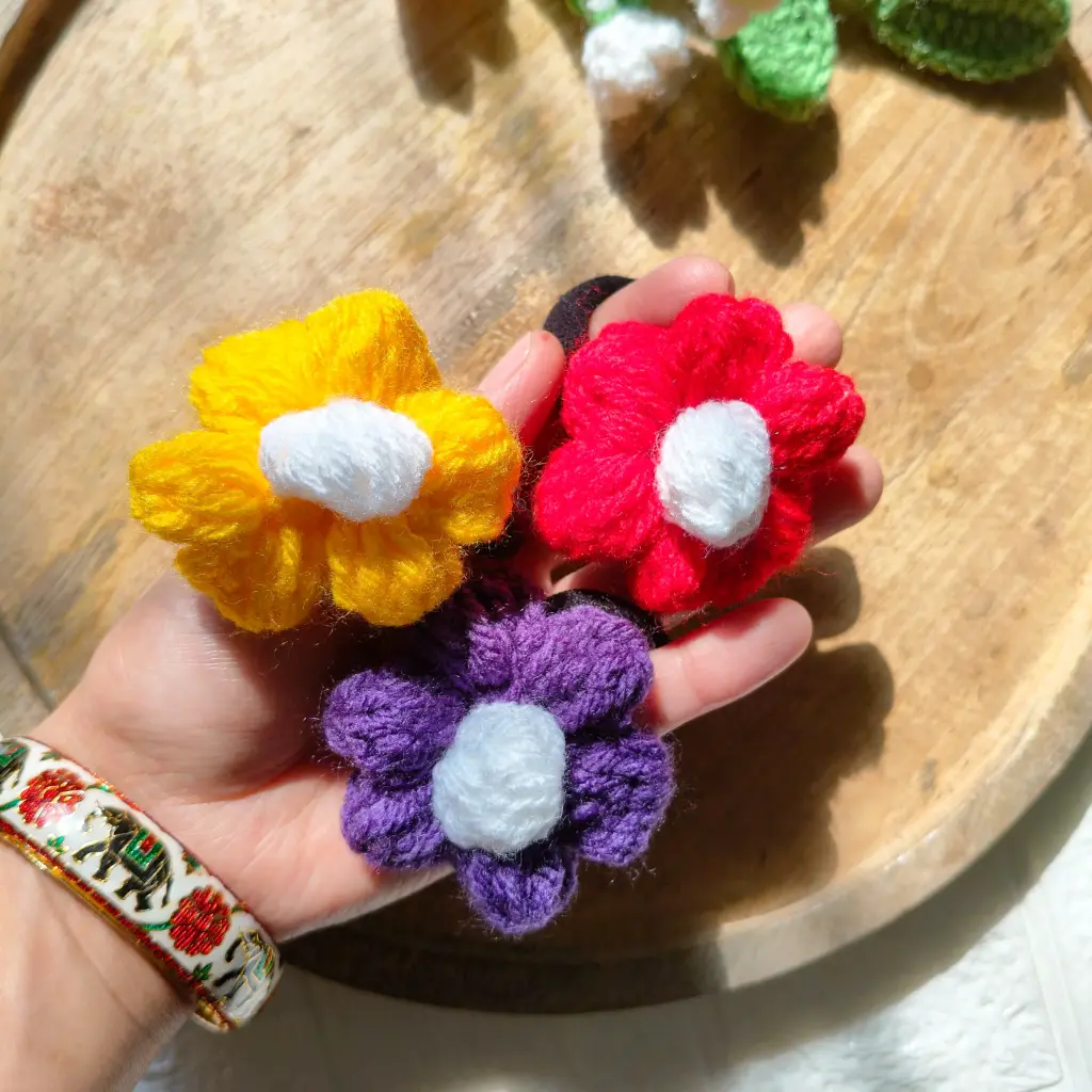 Crochet Daisy Hair Bands – Yellow, Red & Violet