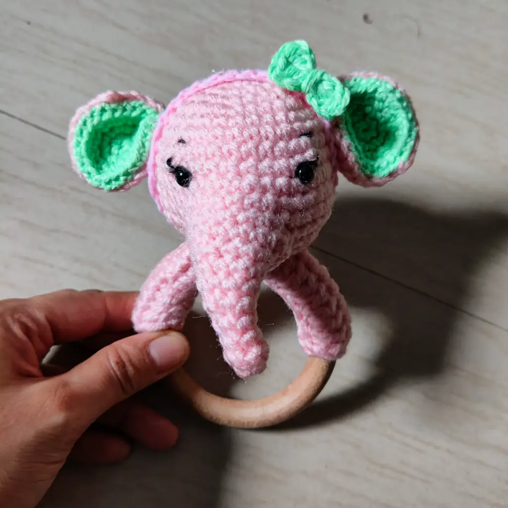Crochet Elephant Baby Rattle – Pink & Mint