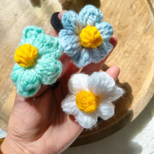 Daisy Crochet Hair Bands Teal, White & Light Blue