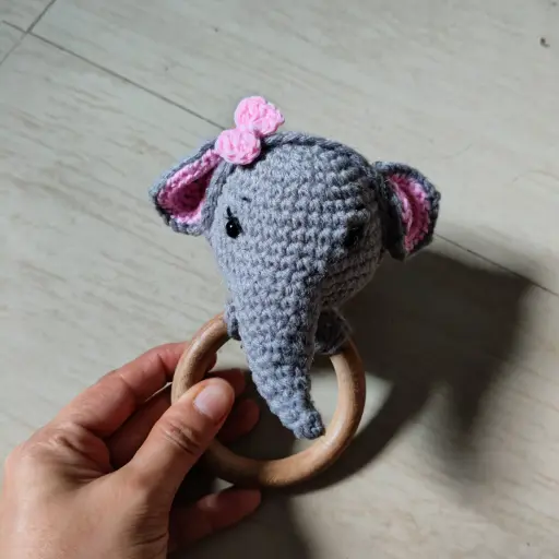 Crochet Elephant Baby Rattle – Grey & Pink