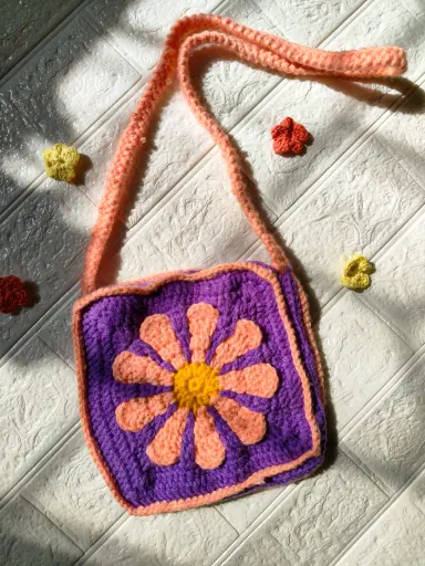 Crochet Floral Sling Bag – Purple & Peach